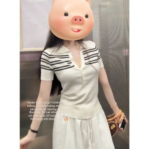 YUEZHONGWEI | Áo thun tay ngắn dệt kim Ice Silk American Shoulder Color Block Stripes cho nữ mùa hè ôm vừa vặn thon gọn ngắn Áo thun polo cổ tròn