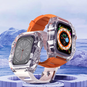 JANSIN Luxury Transparent Case Modification Kit compatible with for Apple Watch Ultra 49mm series 8 7 6 5 4 SE 45mm 44mm Fluorine Rubber Sport Watchband