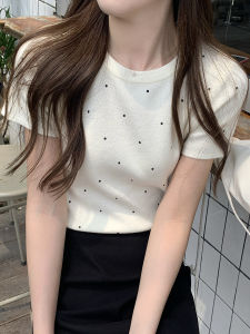 Slim Fit Polka Dot Knitted Short Sleeve round Neck T Shirt Womens Summer Fashionable Retro Style Top Korean Version Linen Material