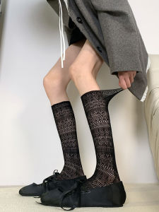 Womens Lolita Socks Transparent Mesh Hollowed Out White Pile Stocking JK Silk Retro Flower Breathable Crew Socks Woman