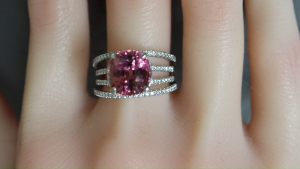 NGI certified Natural Pink Tourmaline Ring with natural diamonds in 18k gold