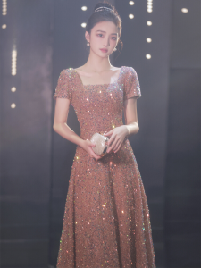 Elegant French Style Sequin Evening Gown Womens Hostess Luxury Long Dress for Company Annual Meeting Korean Style Zipper