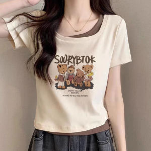 เสื้อยืดแขนสั้นคอเหลี่ยมสองชิ้นปลอมสำหรับผู้หญิง ฤดูร้อน 2025 ดีไซน์ใหม่ เสื้อตัวบนทรงเข้ารูป ผ้าฝ้ายผสม 95%