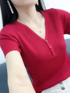 Slim Fit Ice Silk Knitted Shirt Womens Fashion Summer New Style V-Neck Button Short Sleeve T-Shirt Versatile Comfortable Polyester Fiber