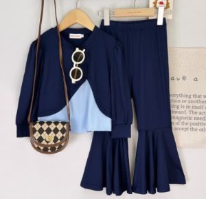 Bear Leader Fashion Color Blocked Girls Set Autumn Long Sleeved Fake Two-piece Spliced Top + Flared Pants Blue Casual Childrens Clothing