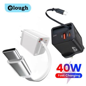 Elough PD40W Retractable Cable Fast Charging Charger Foldable Dual Port AC Super Fast Charging for iPhone Samsung Fast Charging