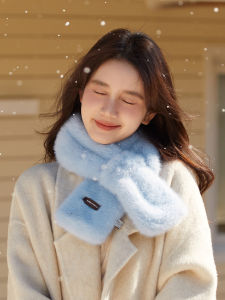 High Quality Plush Rabbit Fur Winter Scarf for Women Cross Style Blue Warmth Fashionable Japanese Style Thickened Rectangle Scarf