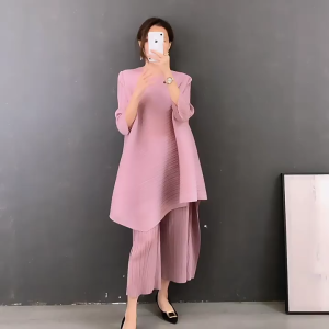 KESHANGYI Miyake Pleated Sets New Autumn Women Irregular Dress Top Harem Pants High Fashion Two Piece Suits