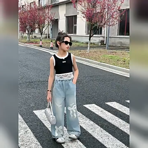 New Maong Jeans for Kids Girl Bow Pattern Fashion Wide-leg Pants Baggy Denim Pants for Kids Girl 7-15Y