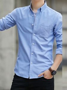 Local Delivery- New mens long sleeve shirt multi-color optional mens Oxford woven casual shirt men slim Korean version solid color - White/Sky Blue/Grey/Navy Blue/Black