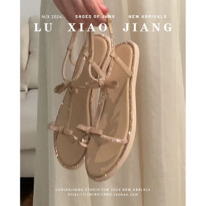 Beach Sandals Womens Summer Outdoor Wear Gold Rhinestone Butterfly Knot Fairy Style Open Toe Flat Bottom Shoes Leather Version