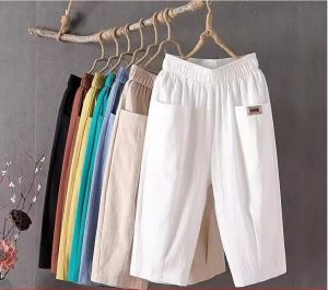 HUAXUNRAN | Cotton Linen Casual Pants for Seniors Loose High Waist 7/8 Length