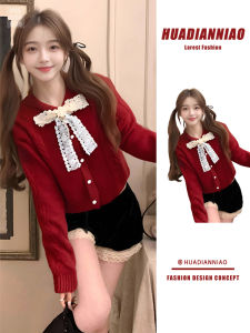 Christmas Theme Red Knitted Sweater for Women with Bow Design Winter Season Casual Style Sweet Style Open Cardigan Top