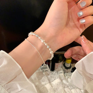 Korean Style Double Layer Pearl Bracelet Womens Luxury Stackable High-End Feeling Bracelet Diamond Ball Jewelry Accessories