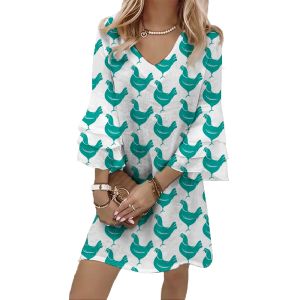Jumeast 3D Printed Women Casual Flared Sleeve V-Neck Dress Animal Rooster Pattern Elegant Brahman Skirt Tropical Style Hawaiian Green Clothing