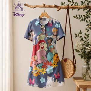 Disney | A-line Summer Dresses for Woman Womens Disney Princess Print Polo Collar Mini Dress Short Sleeve New Daily Wear Dress Anime