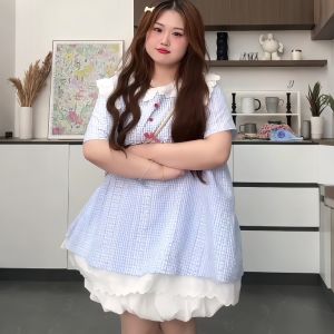 plus Size Womens Short Sleeve Plaid Dress Doll Collar Top Short Skirt Two Piece Set Summer Fashion Casual Wear Chinese Brand