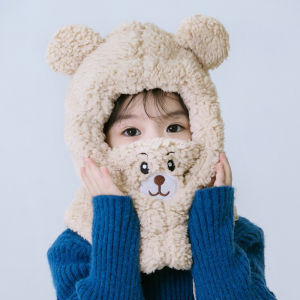 Cute Bear Plush Childrens Hat Winter Ear Protection Face Covering Warm Cotton Scarf in One Trendy Kids Headwear for Outings