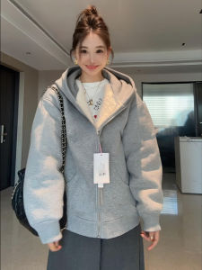 Gray Furry Lamb Velvet Jacket Womens Winter Super Beautiful Thickened Hooded Cardigan Open-Shirt Fleece Soft Cotton Zipper