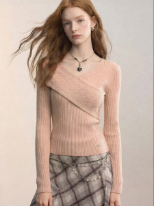 Pink Cross V-Neck Shoulder Revealing Slimming Spring New Knit Top