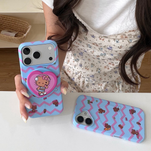 Sanrio | Luxury Ripple Pattern Black Hello Kitty Magnetic Stand Case For iphone 16 15 17 Pro Max Wireless Charge Cute Cartoon Phone Cover