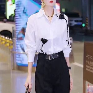 SHUAIYUE | Áo Sơ Mi Cao Cấp Thiết Kế Sang Trọng Màu Trắng Hình Hoa Hồng
