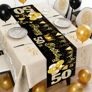 Birthday Table Runner Black Gold Print Dining Table Decor Party Supplies Home Indoor Banquet Event Tablecloth Decorate
