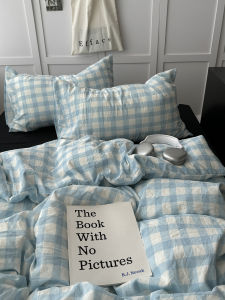  Blue Cotton Quilt Cover Sheet Dormitory Three-Piece Set Washed Plaid Four-Piece Set Student Bedding Set Soft Comfortable