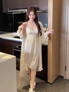 High End Satin Long Pajamas for Women Spring Ice Temperament Palace Wind with Bra Padded V-neck Suspender Nightdress and Long Sleeve Robe Summer Female Sleepwear Set
