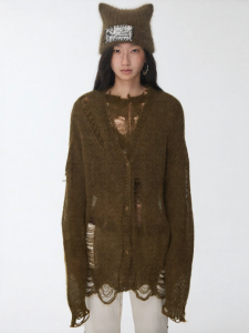 1JINN STUDIO | Mohair Starry Lace-Up Hole Lazy Slightly See-Through Loose Sweater