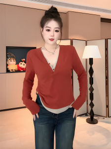 เสื้อยืดคอกลมแขนยาวทรงเข้ารูปสำหรับผู้หญิงไซส์ใหญ่ ฤดูใบไม้ร่วง/ฤดูหนาว เสื้อชั้นในลายสก็อต ปกปิดหน้าท้อง กระชับสัดส่วน เสื้อตัวบน