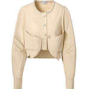 TAMMY TANGS | Sugar Power Khaki Long Sleeve Womens Shirt Short Style Bead Embellished Butterfly Knot Top Sweet Style Loose Fit Cotton Blend