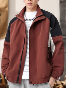 แจ็คเก็ตฤดูใบไม้ร่วงสำหรับผู้ชาย สไตล์อเมริกัน ทรงหลวม ปกจีบ แจ็คเก็ตสีผสม กางเกงขายาว แจ็คเก็ตทรงหลวม สีแดง