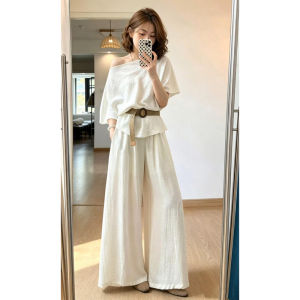 ZHENMANZI | Retro Style White Off-shoulder Top Set