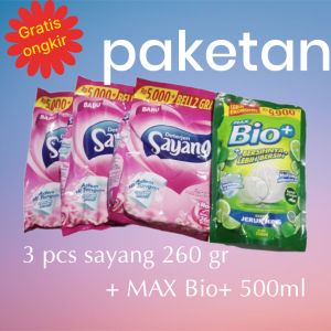paket cuci baju&piring (3pcs deterjen sayang bubuk 260 gram+1pcs max bio 500 ml)