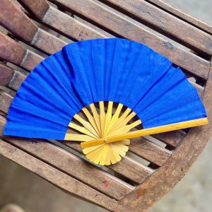 พัดไม้ไผ่ ลายไทย ลายช้าง ผ้าแพรสีล้วน ขนาดรัศมี 10“ สูง 26 ซม. กว้าง 52 ซม.