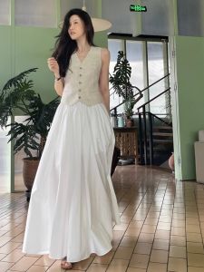 High-Waist Long-Length White Womens Skirt for Summer Chic French Umbrella Style A-Line Silhouette Slimming Effect Versatile Dress
