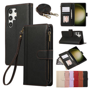 Wallet Bag Case For Samsung Flip Case With Card Holder Shockproof Case Coin Purse Cases Casing Cover For Samsung Galaxy S25 Plus S23 Ultra S24 Plus S23 Ultra S23 FE S22 Plus S21 Ultra S20 FE Note10 Plus Note20 Ultra Card Case With Diagonal Strap Lanyard