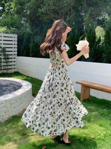 French Style Floral Print Halter Neck Summer Dress Womens A-Line Long Dress Vacation Casual Elegant Neckline High Waist