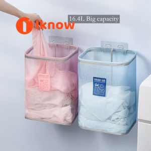 I know Wall-mounted folding clothes storage basket bathroom living room sundries storage pink blue