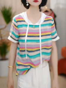 Shalldoer | Rainbow Striped Design Drawstring Hooded Short Sleeve T-Shirt Womens New 2025 Summer Fashion Versatile Commute Top