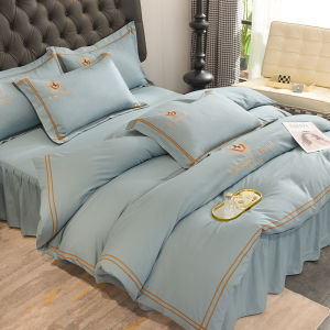 Luxurious Embroidered Cotton Bed Skirt Set Four-Piece Pure Cotton High-End Duvet Cover Solid Color Naked Sleep Girl Anti-Slip Four-Season