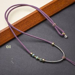 Handmade Adjustable 3mm New Oil Qing Jade Pendant Necklace Bead Waxed Cord Ethnic Style Sweater Chain Jewelry Accessory