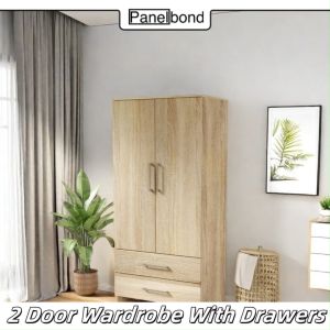 Panelbond 170cm Rectangular White Wardrobe Home Wooden Double Door Wardrobe Bedroom Storage Cabinet with Metal Handles 2 Drawers for Clothes