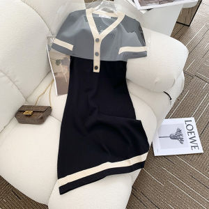 ชุดเดรสผ้าถักคอวีสไตล์ชาเนลมีดีไซน์เดรสสีดำผ้าวิสคอสแบบบางสไตล์ฝรั่งเศสใส่ช่วงฤดูร้อนสำหรับผู้หญิงตัวเล็ก