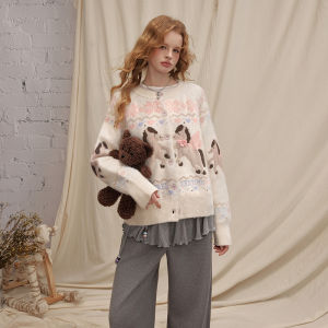 Unifree | Elegant Retro Pegasus Embroidery and Bow Knitted Cardigan for Women