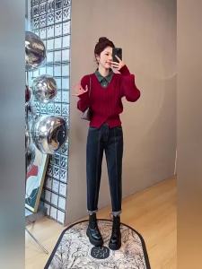 YUEZHONGWEI | Bộ Quần Áo Kẻ Vintage Đắp Vải Denim Phong Cách Thời Trang Ngắn Dày