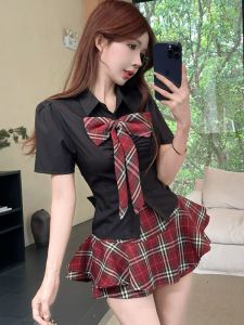 GUZILIAN | Summer College Style JK Uniform Set Womens Spicy Pure Desire Butterfly Knot Short Sleeve Shirt Plaid Mini Skirt Two Piece Set