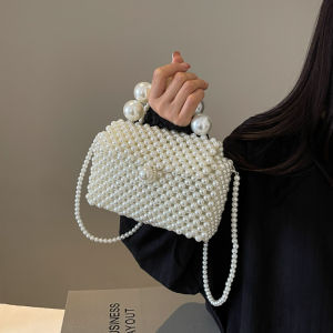 Elegant Pearl Chain Small Square Bag Fashionable Versatile Handbag Woven Crossbody Beaded Bag Gentle Fairy Style Handbag