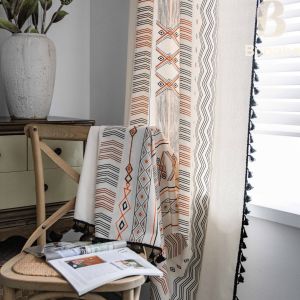 Bohemian Cream Color Cotton and Linen Printing Sunscreen Easy-Install Window Curtain